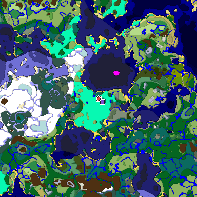 Predicted biome map of Java 1.19.2 seed -1821859364415367866 around estimated spawn