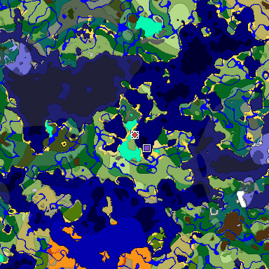 Predicted biome map of Java 1.19.2 seed -2668053171255048052 around estimated spawn