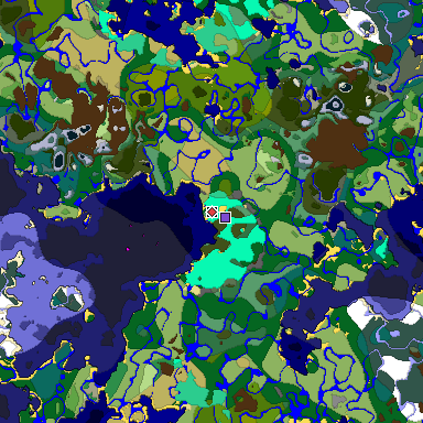 Predicted biome map of Java 1.19.2 seed -2974764781363466897 around estimated spawn