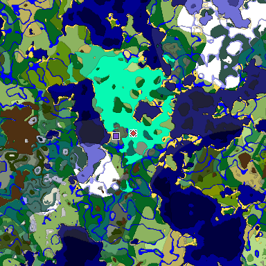 Predicted biome map of Java 1.19.2 seed 8256818539882644791 around estimated spawn