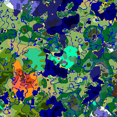Predicted biome map of Java 1.19.2 seed 4740236524739335789 around estimated spawn