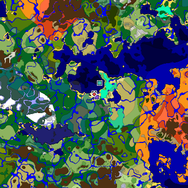 Predicted biome map of Java 1.19.2 seed 2765069124419348388 around estimated spawn