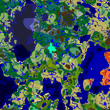 Predicted biome map of Java 1.19.2 seed -1607526223541949439 around estimated spawn