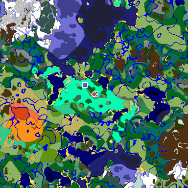 Predicted biome map of Java 1.19.2 seed -3185632488547130070 around estimated spawn