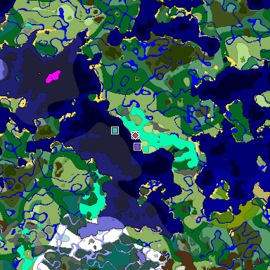 Predicted biome map of Java 1.19.2 seed 8056270173355338436 around estimated spawn