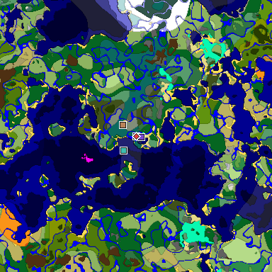 Predicted biome map of Java 1.19.2 seed 6208875466741306845 around estimated spawn