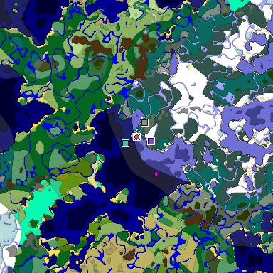 Predicted biome map of Java 1.19.2 seed 7882030701577364094 around estimated spawn