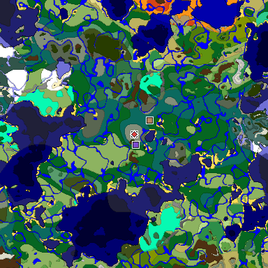 Predicted biome map of Java 1.19.2 seed 5705101519740965845 around estimated spawn
