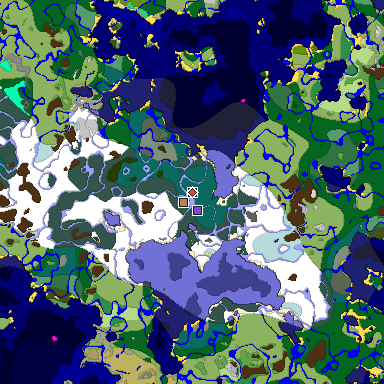 Predicted biome map of Java 1.19.2 seed -1100254636011343447 around estimated spawn