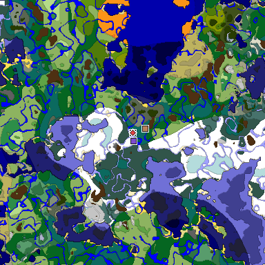 Predicted biome map of Java 1.19.2 seed -6943645897193216995 around estimated spawn