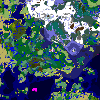 Predicted biome map of Java 1.19.2 seed 6327005238922708455 around estimated spawn
