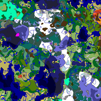 Predicted biome map of Java 1.19.2 seed 6855207296286613622 around estimated spawn
