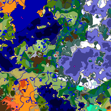 Predicted biome map of Java 1.19.2 seed 7736516492697937910 around estimated spawn