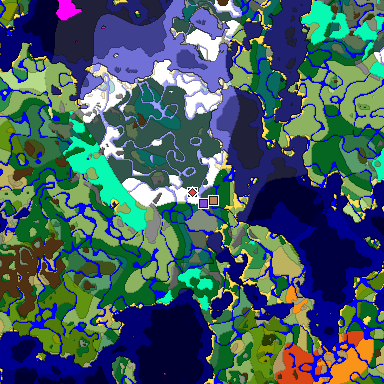 Predicted biome map of Java 1.19.2 seed 196669706623877885 around estimated spawn