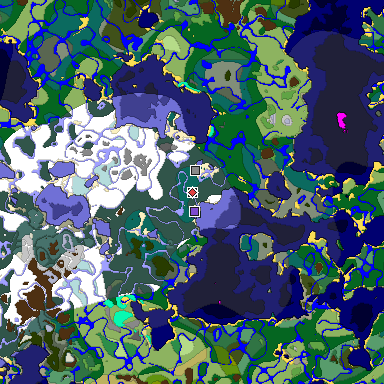 Predicted biome map of Java 1.19.2 seed 8844772122441879306 around estimated spawn