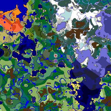Predicted biome map of Java 1.19.2 seed -9162337980541847449 around estimated spawn