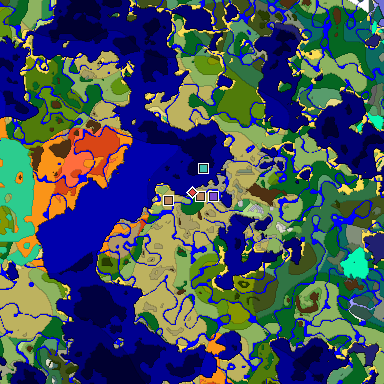 Predicted biome map of Java 1.19.2 seed 2739246489840449231 around estimated spawn