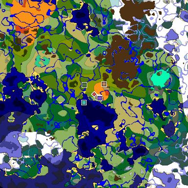 Predicted biome map of Java 1.19.2 seed 6998144763085174154 around estimated spawn