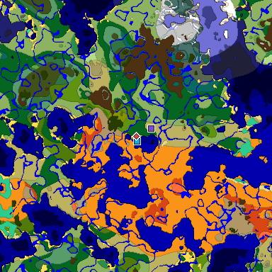 Predicted biome map of Java 1.19.2 seed 9100663626714233454 around estimated spawn