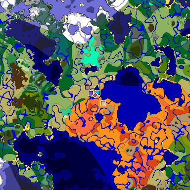 Predicted biome map of Java 1.19.2 seed -1105742225150537095 around estimated spawn