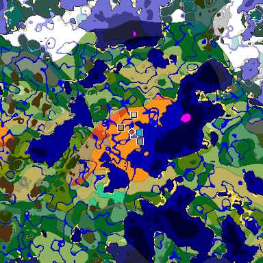 Predicted biome map of Java 1.19.2 seed -1122171380975605149 around estimated spawn