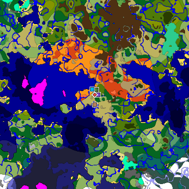 Predicted biome map of Java 1.19.2 seed 6258272750685630267 around estimated spawn