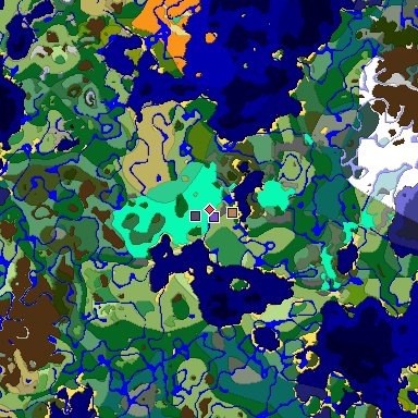 Predicted biome map of Java 1.19.2 seed -2392666199264383554 around estimated spawn