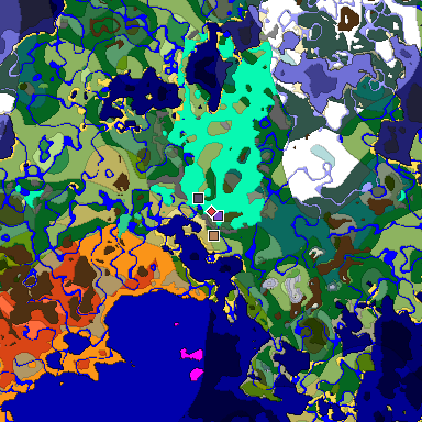 Predicted biome map of Java 1.19.2 seed 9058359563853210011 around estimated spawn