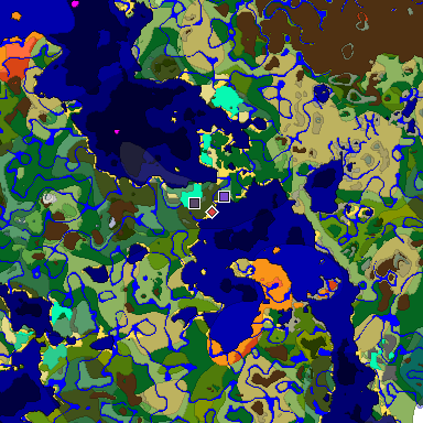 Predicted biome map of Java 1.19.2 seed 3697239932191818059 around estimated spawn