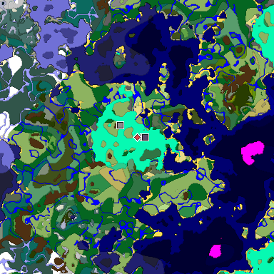 Predicted biome map of Java 1.19.2 seed 1983012200694142363 around estimated spawn