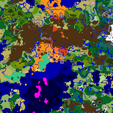 Predicted biome map of Java 1.20 seed 214268215585189842 around estimated spawn