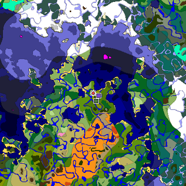 Predicted biome map of Java 1.20 seed -3740349979537507994 around estimated spawn