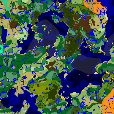 Predicted biome map of Java 1.20 seed -6634322234609115308 around estimated spawn