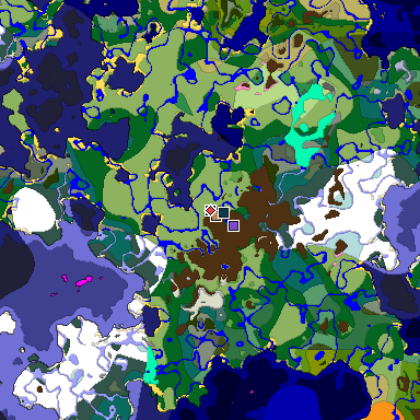 Predicted biome map of Java 1.20 seed -4343960102740424010 around estimated spawn