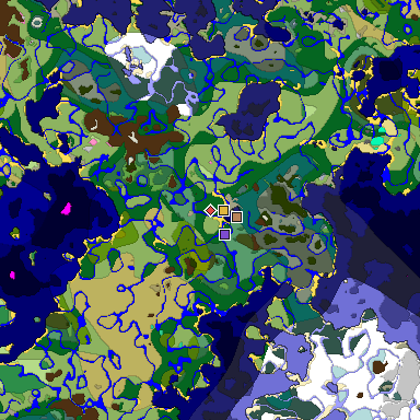 Predicted biome map of Java 1.20 seed 7486049273622273390 around estimated spawn