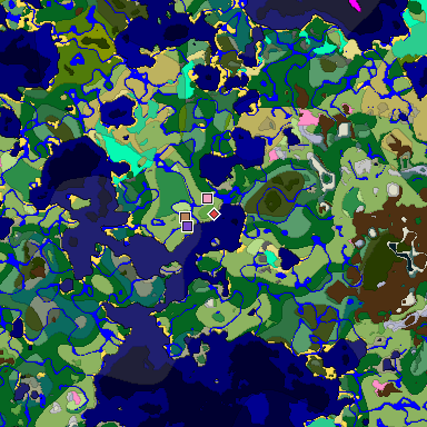 Predicted biome map of Java 1.20 seed -8743673801692894438 around estimated spawn