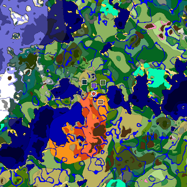 Predicted biome map of Java 1.20 seed 5586017046843990045 around estimated spawn