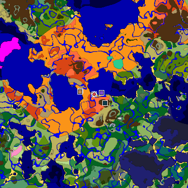 Predicted biome map of Java 1.20 seed -4225014215368092256 around estimated spawn
