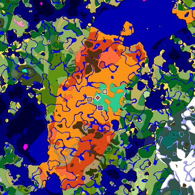 Predicted biome map of Java 1.20 seed -6319349751094621690 around estimated spawn