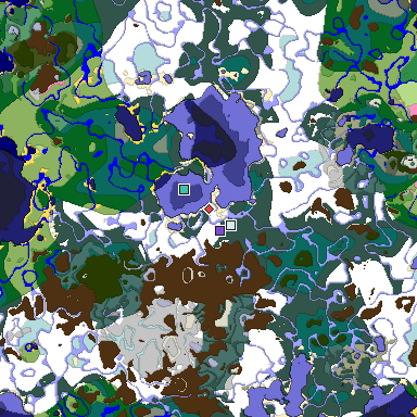 Predicted biome map of Java 1.20 seed -164994220323690502 around estimated spawn