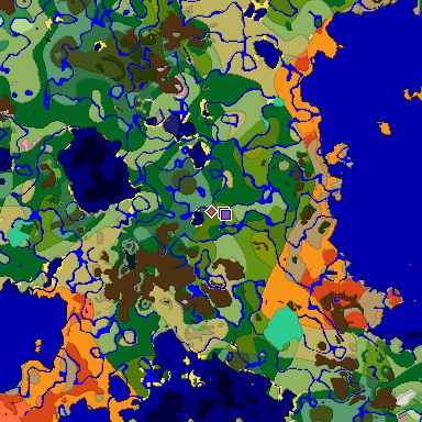 Predicted biome map of Java 1.20 seed -8543352771487356921 around estimated spawn