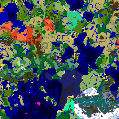 Predicted biome map of Java 1.20 seed -6552733752608599281 around estimated spawn