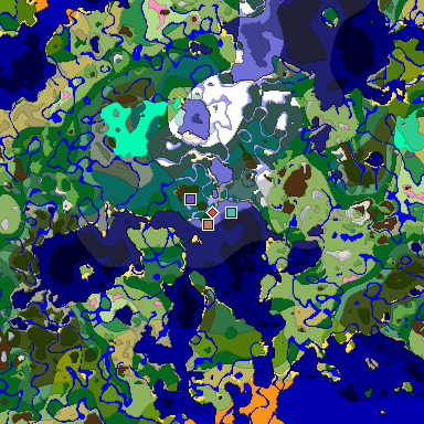 Predicted biome map of Java 1.20 seed -3504087209438841304 around estimated spawn