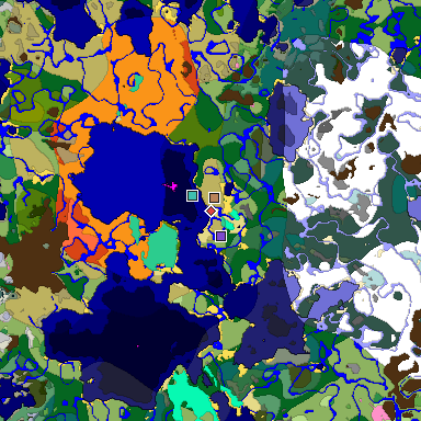 Predicted biome map of Java 1.20 seed -3435336234936476382 around estimated spawn