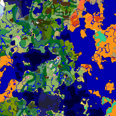Predicted biome map of Java 1.20 seed 1497156360253473658 around estimated spawn