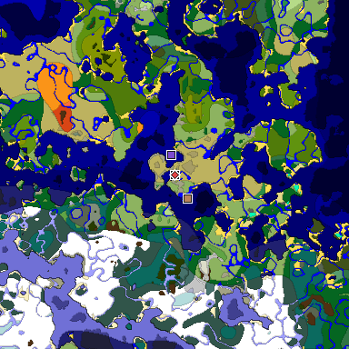 Predicted biome map of Java 1.20 seed -8719958534120192782 around estimated spawn