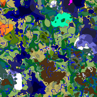 Predicted biome map of Java 1.20 seed 3435433175035176150 around estimated spawn