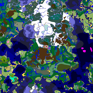Predicted biome map of Java 1.20 seed 354267665211403620 around estimated spawn