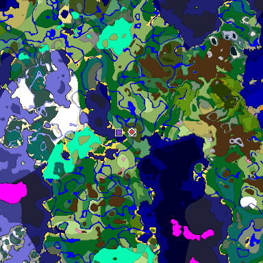 Predicted biome map of Java 1.20 seed -7057852838136479045 around estimated spawn
