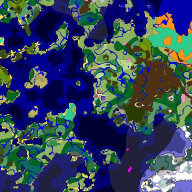 Predicted biome map of Java 1.20 seed 215925360376832245 around estimated spawn